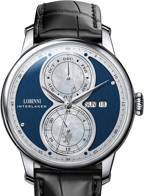 LOBINNI Armbanduhr Automatik, Edelstahl, Leder, Blau, 42 mm, Herren - Bild 1