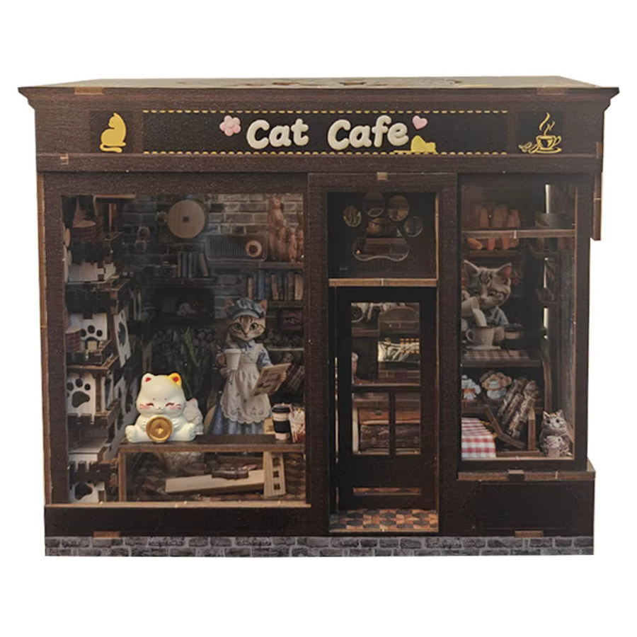 ELEVEN-CUTE DIY Holz-Katzenkaffeehaus Miniatur-Modellbausatz mit Möbeln und LED-Beleuchtung in Braun - Bild 3