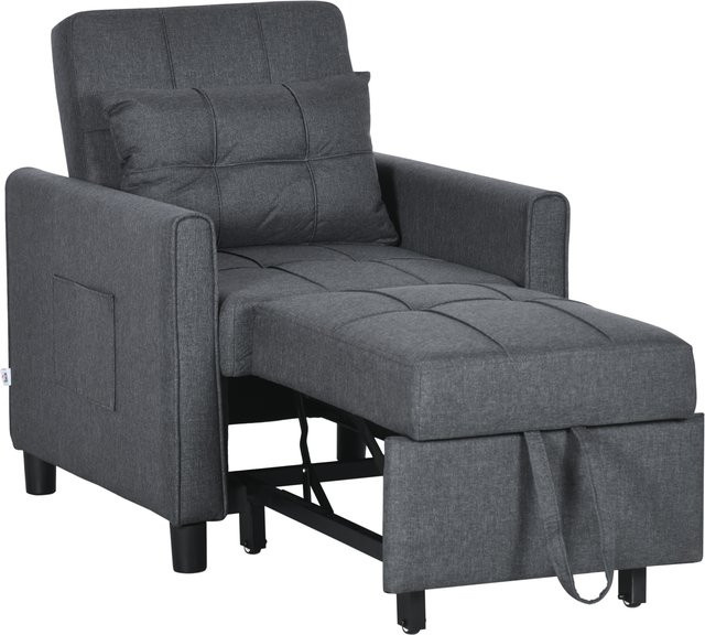 HOMCOM 3-in-1 Schlafsessel Grau mit verstellbarer Rückenlehne, Einzelschlafsofa inklusive Kissen und Seitentaschen für Wohnzimmer oder Büro - Bild 1