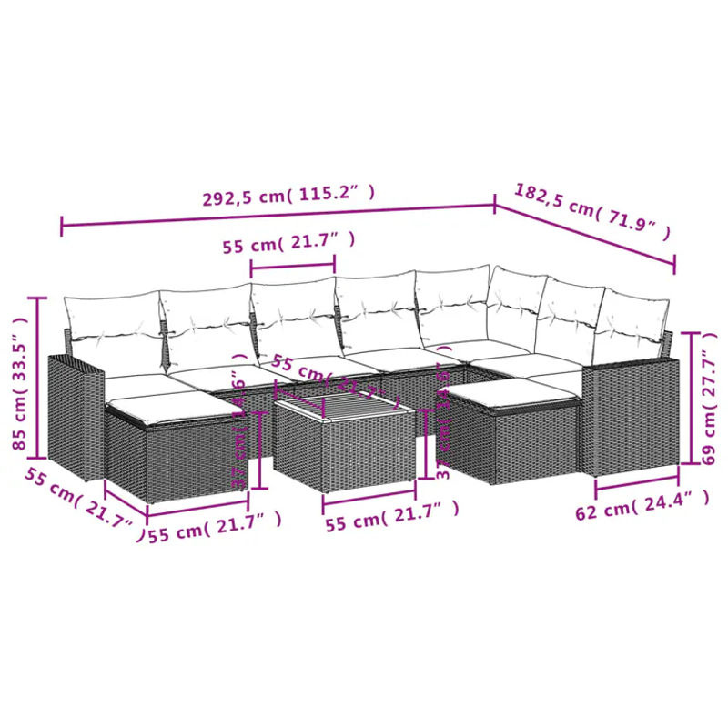 Vidaxl Gartenmöbel-Set aus Polyrattan und Akazie mit Kissen, 10-teilig, Beige - Bild 2