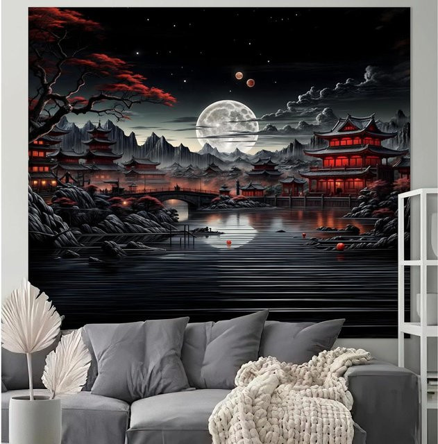 Japanischer Wandbehang mit Flussufer- und Mondlandschaft in Schwarz-Weiß von JMG Household Supplies, Breite: 150 cm, Höhe: 180 cm - Bild 1
