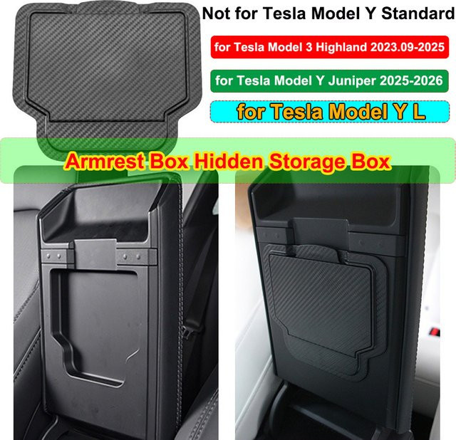 Beworth Armlehnenbox Aufbewahrungsorganizer mit Kohlefaser-Muster für Tesla Model Y Juniper 2025 und Model 3 Highland, Schwarz - Bild 1
