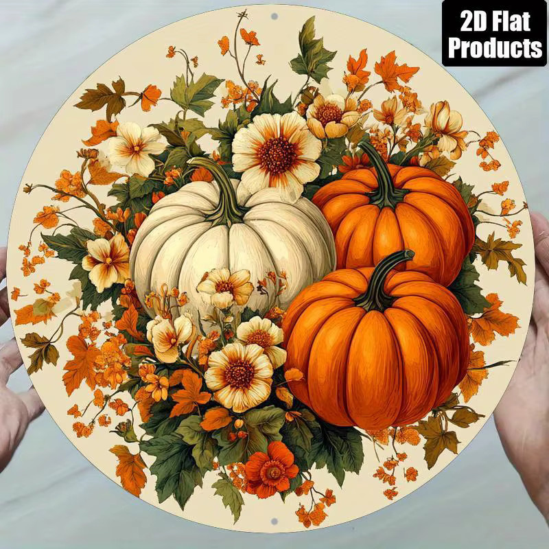 Rundes Aluminiumschild Potdemiel mit Kürbis und Blumen im Vintage-Design, Durchmesser: 20,32 cm, Mehrfarbig - Bild 4
