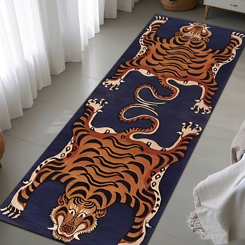 VIKAMA Teppich im ethnischen Stil mit Tiger-Motiv in Blau, rutschfest und pflegeleicht, rechteckig - Bild 2