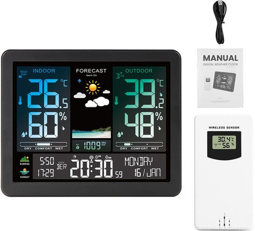 Koogeelife Multifunktionale professionelle elektronische Wetterstation mit intelligentem Farbbildschirm in Schwarz