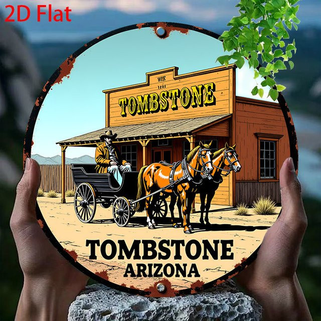 Potdemiel Vintage Western Tombstone Arizona Schild mit Cowboys und Pferdekutsche, Metall, Mehrfarbig, Durchmesser: 20 cm - Bild 1