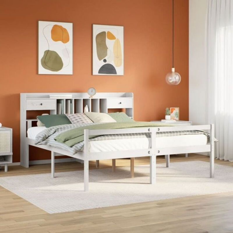 Massivholzbett aus Kiefer mit Regal in Weiß von vidaxl, B/T/H: 180 x 200 cm, Landhaus- und Skandinavien-Stil - Bild 1