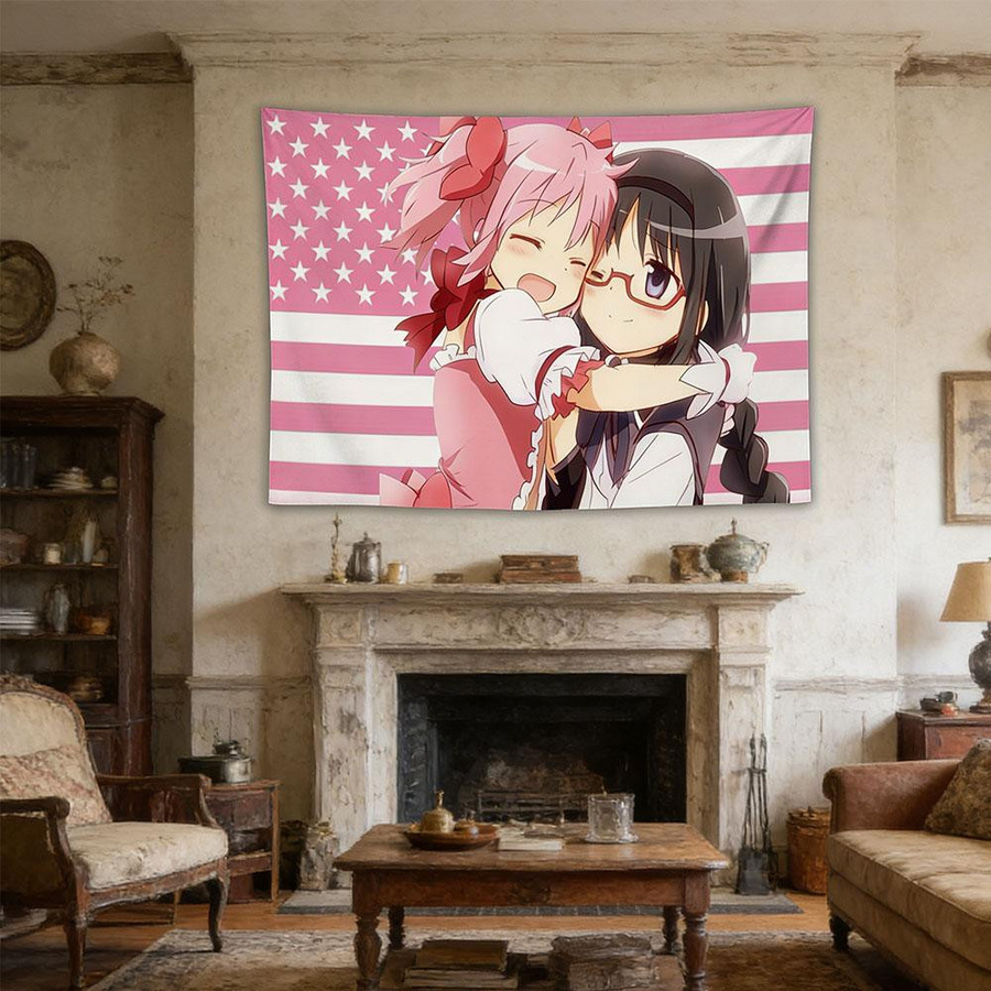 Madoka & Homura USA Flagge Wandteppich von JMG Household Supplies, bunter Polyester Wandbehang im Kawaii Otaku Design, Breite: 40 cm, Höhe: 60 cm - Bild 5