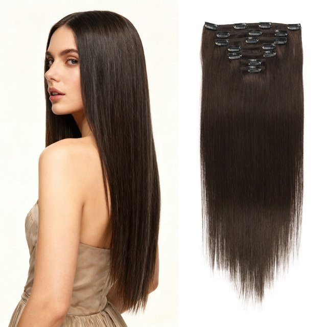 JIAMEISI Echthaarverlängerungen zum Anklipsen, Remy-Haar, 50,8 cm, dunkelbraun - Bild 1