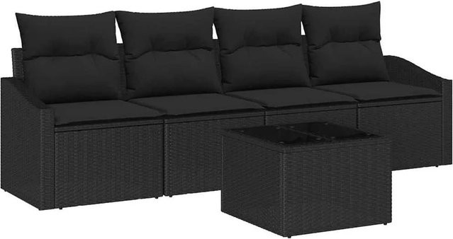 vidaXL Sofa Set 5-tlg. aus Poly-Rattan in Schwarz mit Kissen und Tisch - Bild 1
