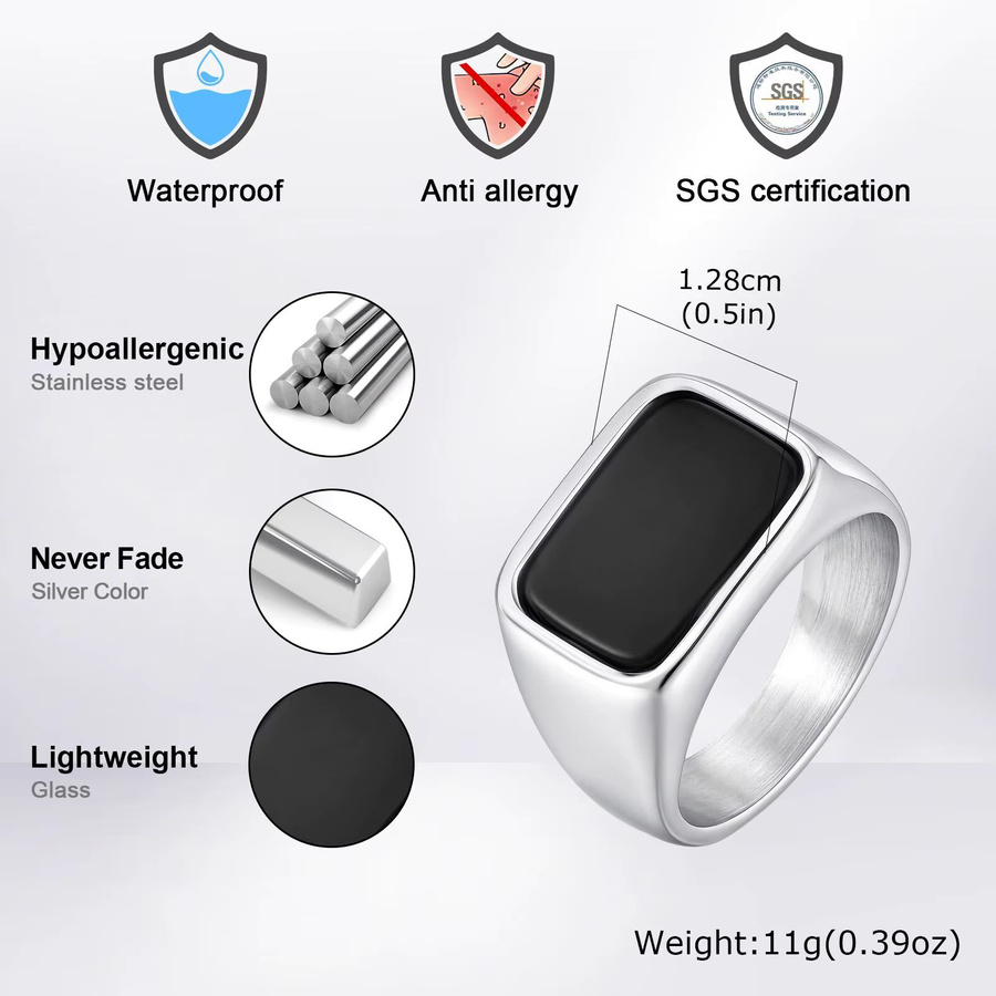 Herren-Ring Edelstahl, quadratischer Stein, minimalistisch - Bild 3