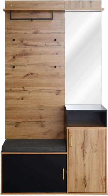 okwish GarderobenSet in Schwarz mit Spiegel, Schuhschrank, Sitzbank und Kleiderhaken, B/T/H: 104 x 38,5 x 190 cm - Bild 1