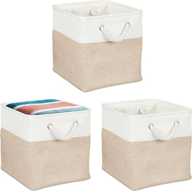 Relaxdays Aufbewahrungskorb aus Leinen in Beige mit Metallrahmen, 3er Set, B/T/H: 28 x 28 x 28 cm - Bild 1