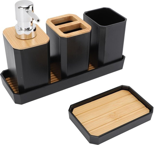 Badezimmer-Accessoires-Set von shoemst in Schwarz mit Zahnbürstenhalter, Becher, Seifenspender, Seifenschale und Ablage - Bild 1