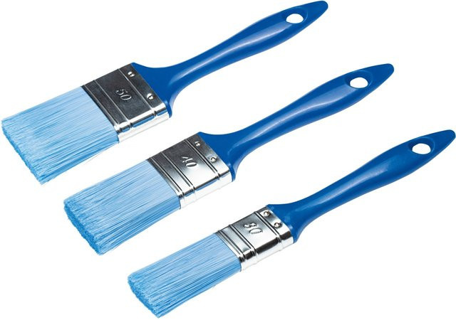 LUX-TOOLS Flachpinsel-Set für wasserbasierte Lacke, 3-teilig, blau, Synthetikborsten - Bild 1