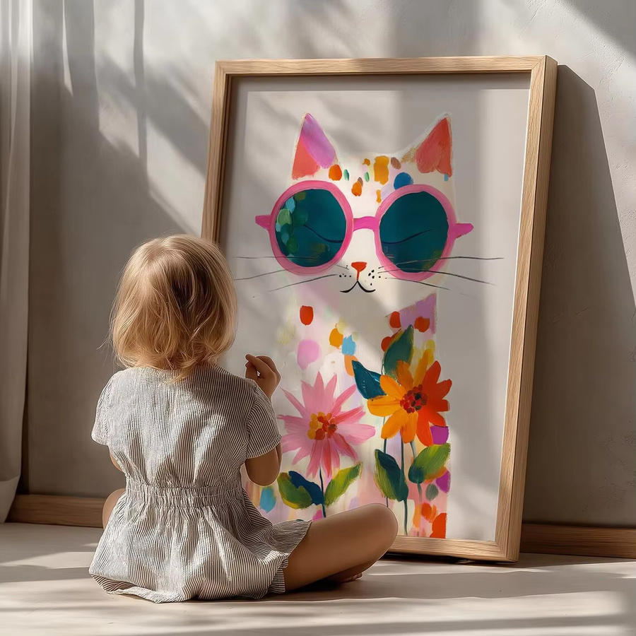 Boho Katzen Wandkunst von SHENCHEN: Bunter abstrakter Aquarelldruck mit gepunkteten Kätzchen und Blumen als rechteckiger Paper Poster in Pink und Multicolour - Bild 3