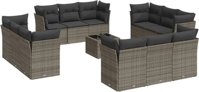 vidaXL 13-tlg. Garten-Sofagarnitur in U-Form aus Poly-Rattan mit Kissen und Stauraum, Grau - Bild 1