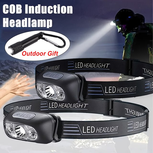 NEWBIRTH LED-Stirnlampe mit Bewegungssensor, wiederaufladbare COB-Stirnlampe in Schwarz für Outdoor, Camping und Notfälle - Bild 1