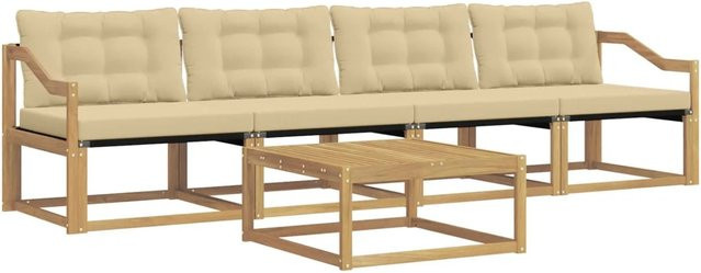 vidaXL Outdoor-Sofagarnitur aus Akazienholz mit Textilene-Bezug und Polstern, 5-teilig, Weiß und Beige, B/T/H: 79 x 79 x 37 cm - Bild 1