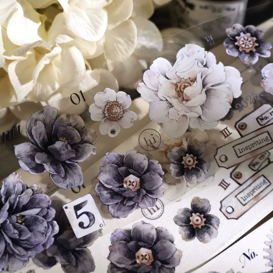 YiEr Studio Washi Tape Vintage Design mit grauen und weißen Blumen für Scrapbooking und DIY-Planer - Bild 2