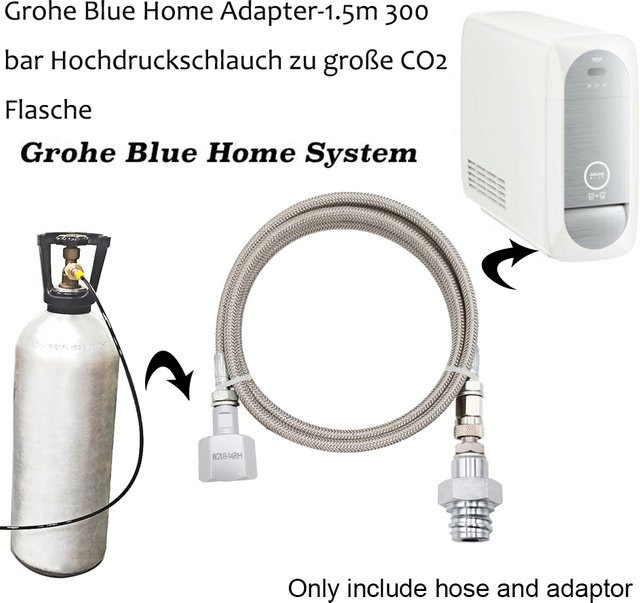 Grohe Blue Home Hochdruck CO2-Adapterschlauch aus Edelstahl in Silber, Länge: 1,5 m, für 2–10 kg CO2-Flaschen und Tankzylinder - Bild 1