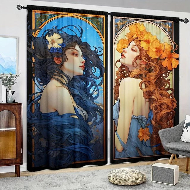 2er-Set bedruckte Vorhänge mit Sonne und Mond Motiv in Grau, halbtransparent mit Stangentaschen, Breite: 52,5 cm, Höhe: 116 cm - Bild 1