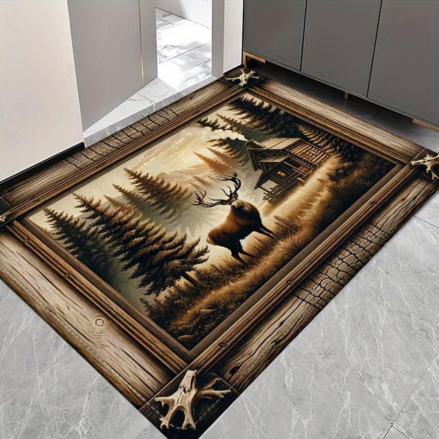 Rutschfester Rentier-Teppich von Wucifang Jewelry in Schwarz und Multicolour mit Waldhütte-Design und Holzmaserung, B/T: 40 x 60 cm - Bild 1