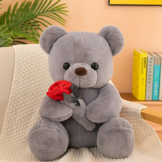 Yiran Health & Beauty Kawaii Teddybär mit Rosen, Plüschtier, Grau - Bild 1