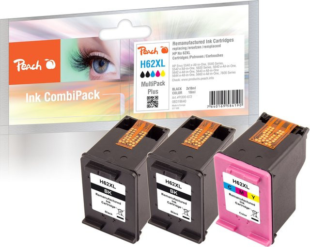 Peach Druckkopf-Set HP 62 XL für Tintenstrahldrucker, 3er Pack (2x Schwarz, 1x Multicolor), wiederaufbereitet, kompatibel mit HP Envy 5640 e-All-in-One und HP Envy 5644 e-All-in-One - Bild 1
