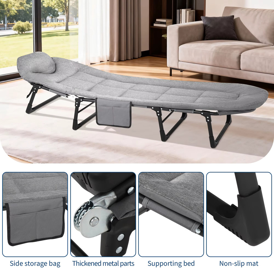 Tragbares Klappbett TWISTER.CK für Erwachsene in Schwarz und Grau mit Kissen und Kopfkissen, Camping-Feldbett aus Metall mit 227 kg Tragkraft für Terrasse und Garten - Bild 4