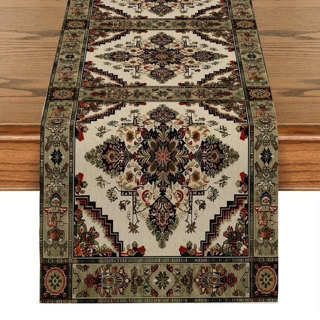 JIT Tischläufer aus Leinen mit orientalischem Blumenmuster in Beige, rechteckig - Bild 1