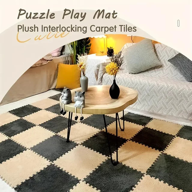 DHDH 10er-Pack Baby-EVA-Spielmatte mit warmem Plüsch in Schwarz Black Camel als ineinandergreifende Puzzlematte für Kinder - Bild 1