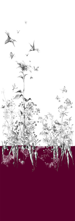 Edmond Petit Tapete Vintage Floral Aubergine Tournesol Gauche mit botanischen Motiven in Lila und Gold - Bild 1