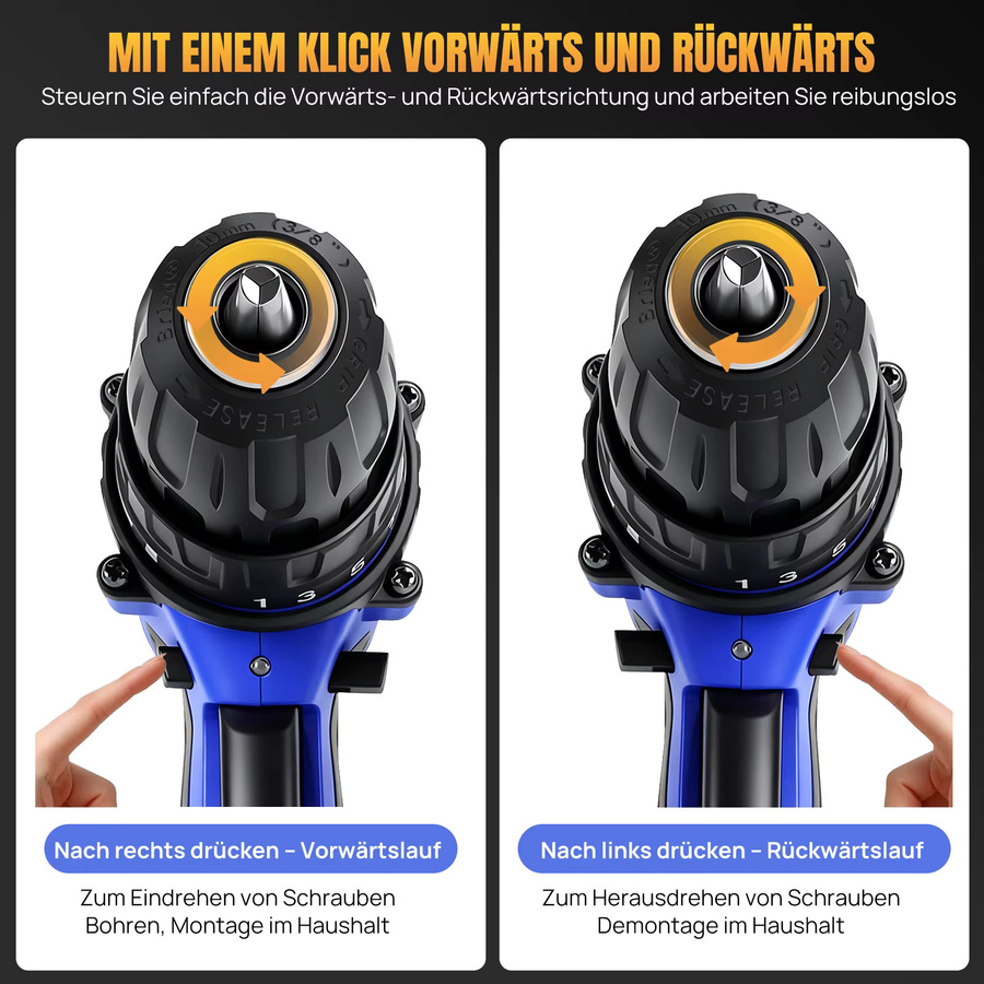 BRIEFNESS Akku-Bohrschrauber in Blau mit 200Nm Drehmoment, 21V, 1500mAh Li-Ionen-Akku, 3/8-Zoll-Bohrfutter, 25+1 Drehmomentstufen und 2 Geschwindigkeiten inklusive Koffer - Bild 3