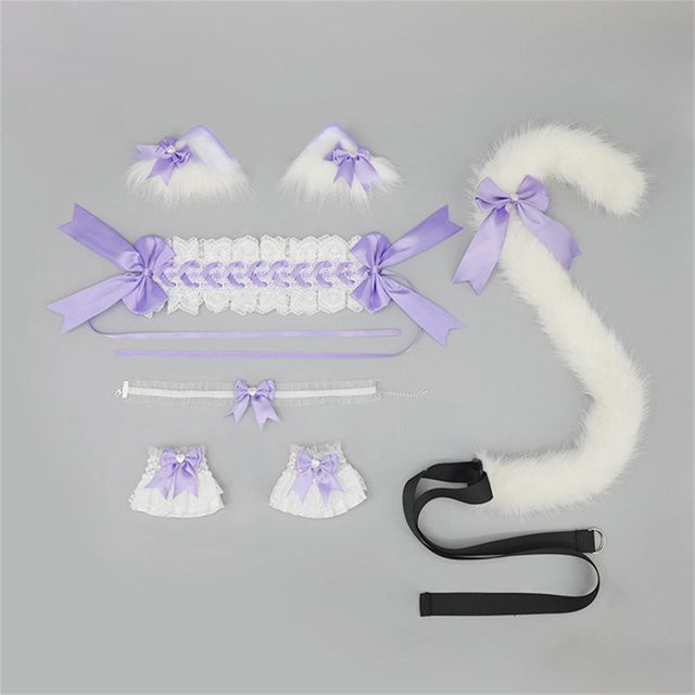 YIRAN Set Katzenohren Haarspangen, Stirnband, Schleife, Choker, Armband, Katzenschwanz, Grau, Unisex - Bild 1