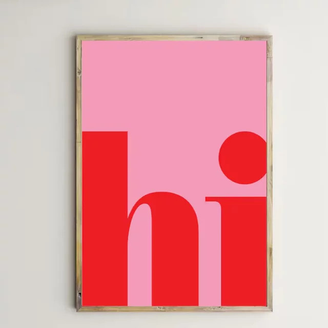 Potdemiel Wandkunst Leinwand Poster mit rotem Hallo Schriftzug auf rosa Hintergrund, moderne Typografie Wanddekoration für dein Wohnzimmer, ungerahmt - Bild 1