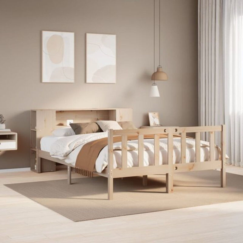 Massivholzbett Vidaxl aus Kiefernholz mit Regal in Braun und Natur, B/T/H: 135 x 190 x 82 cm - Bild 1