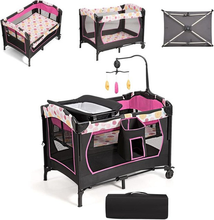 COSTWAY 4 in 1 Reisebett mit Wickeltisch und Laufstall, klappbar, Schwarz oder Pink