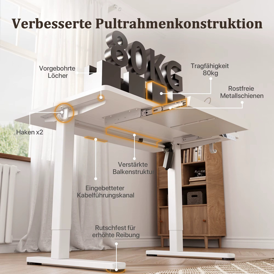 Claiks Elektrisch Höhenverstellbarer Schreibtisch mit Schublade und 3-Funktions-Memory, Weiß Matt, B: 120 cm, T: 60 cm - Bild 2