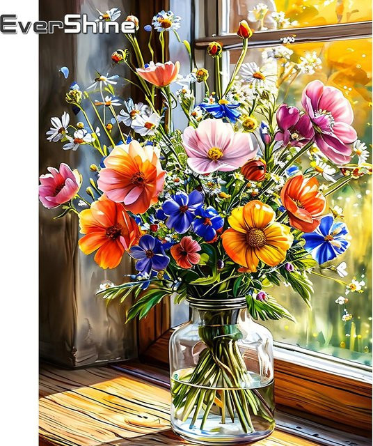 EverShine DIY Diamantgemälde Blumenmotiv in Multicolour, rundes Mosaik-Stickbild mit Blumen und Vase zur Hausdekoration - Bild 1
