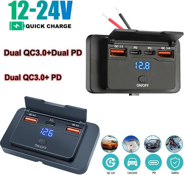 kebidumei Auto-USB-Adapter-Steckdose mit Spannungsanzeige und Schnell-Ladeanschluss in Schwarz für Auto, Bus, Wohnmobil und LKW (12/24V) - Bild 1