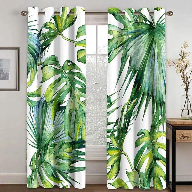 2er-Set Vorhang mit tropischem Abalone-Blatt-Druck in Multicolour, halbtransparentes Design mit Ösen, Breite: 50 cm, Höhe: 50 cm - Bild 1