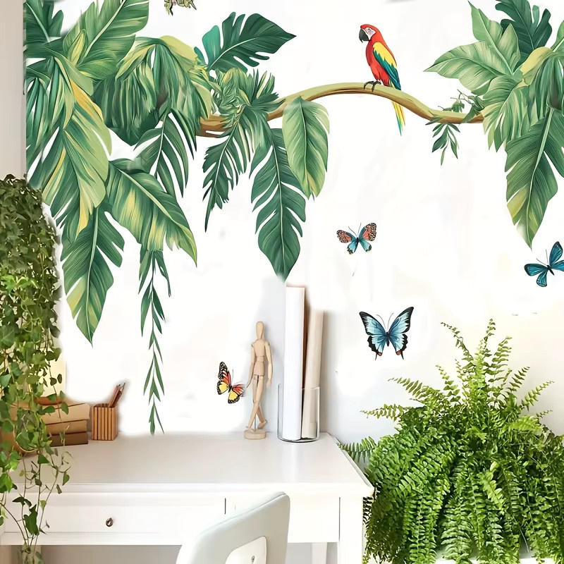 Duruibom Wandtattoo Tropischer Papagei mit Schmetterling und Palmen in Grün für Schlafzimmer, Badezimmer und Küche - Bild 2