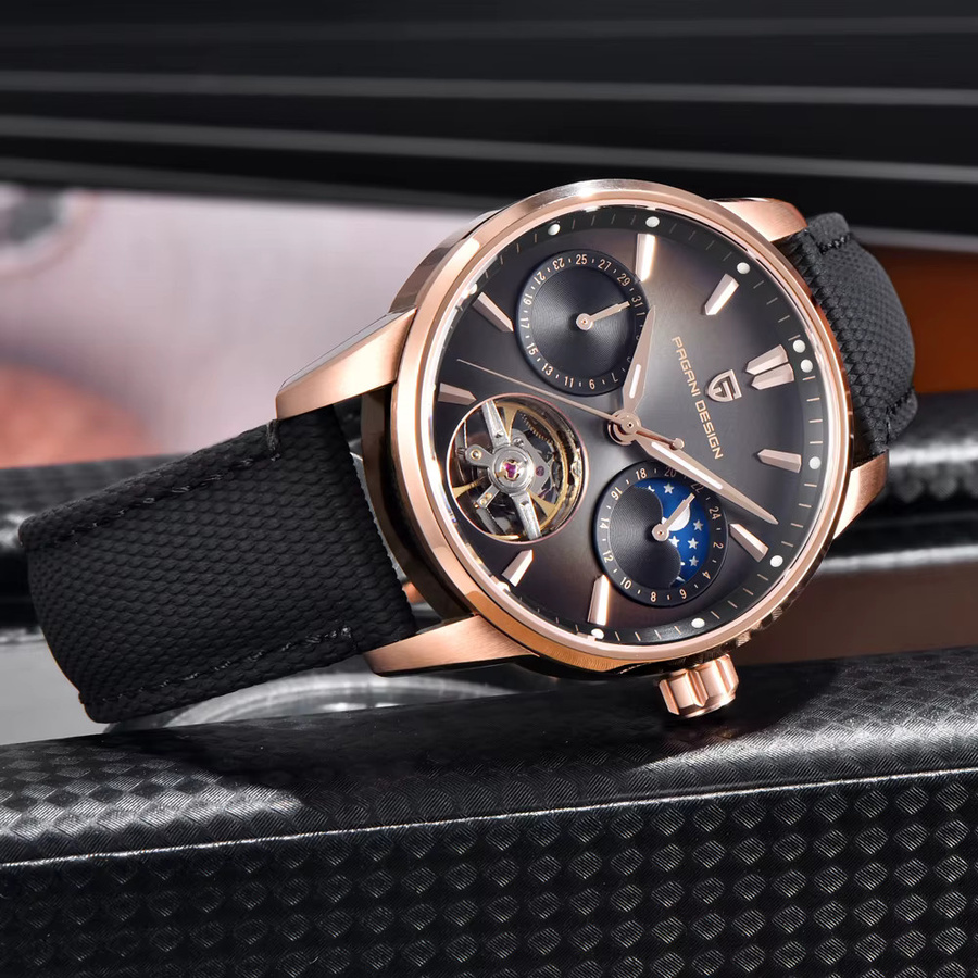 PAGANI DESIGN Armbanduhr, Automatik, Roségold, Mondphase, Leder, Herren - Bild 3