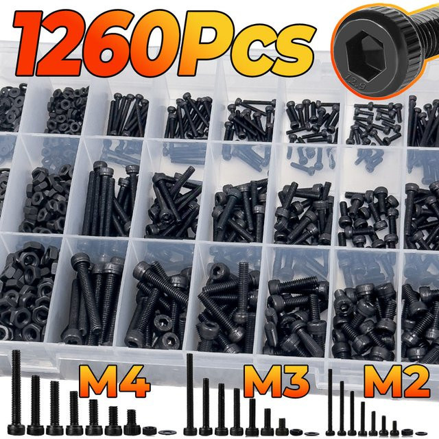BOVILEVR 1260-teiliges Metrisches Bolzensatz-Sortiment mit M2 M3 M4 Innensechskantschrauben, Muttern und Unterlegscheiben aus 12,9 legiertem Stahl, 4–30 mm - Bild 1