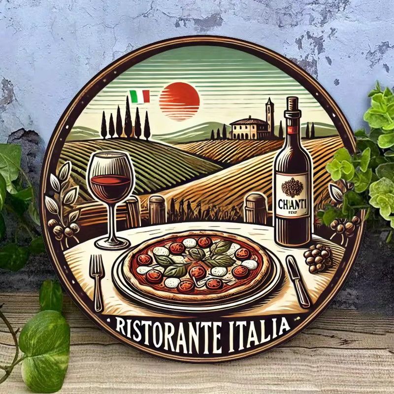 Potdemiel Metallwandkunst Italienische Küche Rundes Eisenschild mit Pizza, Wein und Chianti-Flaschen Design, Durchmesser: 20,32 cm - Bild 2
