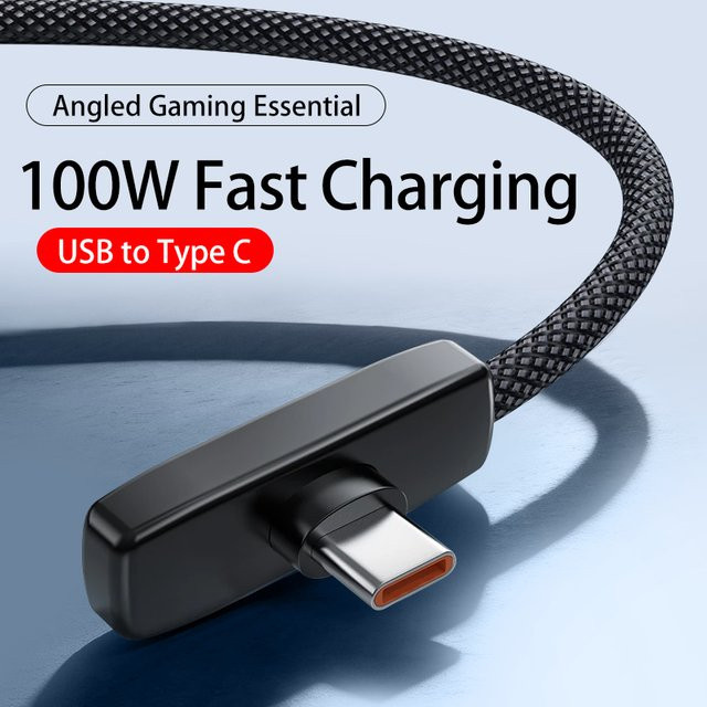 USB-A auf USB-C Datenkabel mit 100W PD Schnellladefunktion, 90-Grad-Winkel, geflochtenes Design und Aluminiumgehäuse in Schwarz - Bild 1