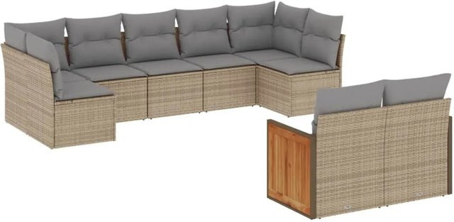 vidaXL 9-tlg Garten-Sofagarnitur in L-Form aus Poly-Rattan und Akazienholz mit Kissen in Beige - Bild 1