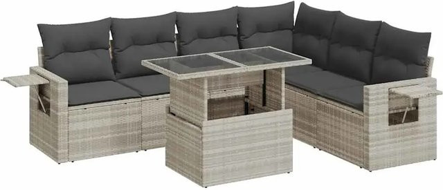 vidaXL 7-tlg. Garten-Sofagarnitur in L-Form mit Kissen und Couchtisch, Hellgrau - Bild 1