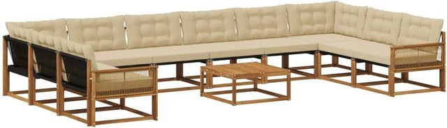 vidaXL Outdoor-Sofagarnitur in U-Form aus Akazienholz mit 11-teiligem Set, Farbe Natur-beige und Beige, inklusive wetterbeständiger Textilene-Kissen - Bild 1